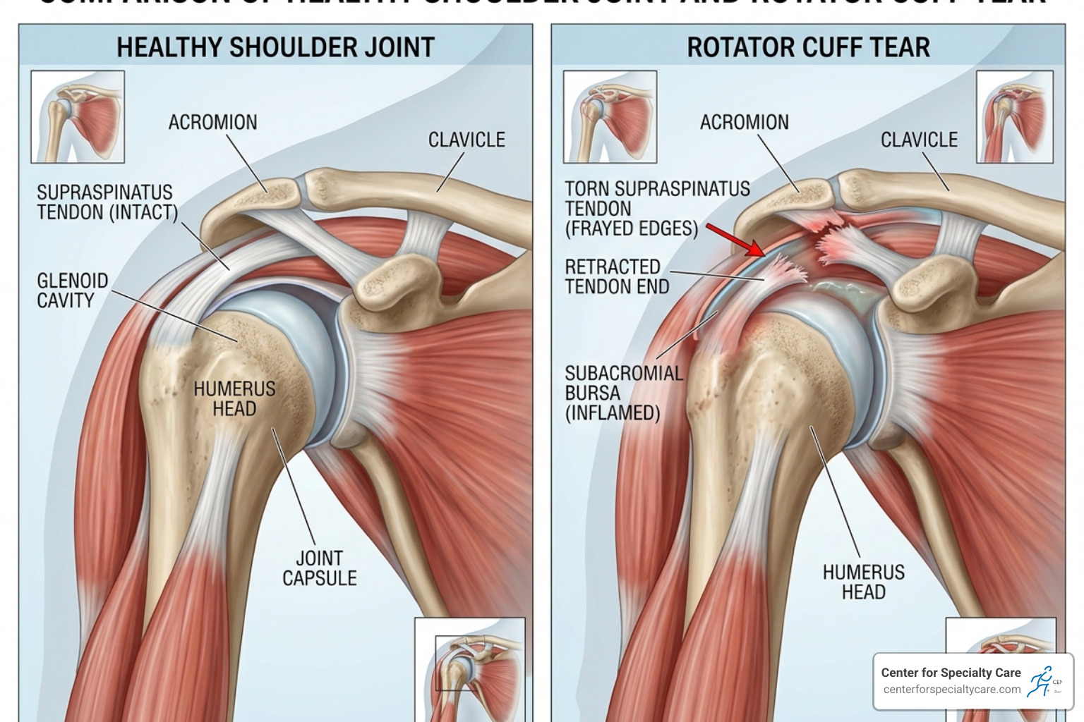 Comparison showing a rotator cuff tear with frayed tendon edges versus a healthy, smooth shoulder joint - shoulder ligaments