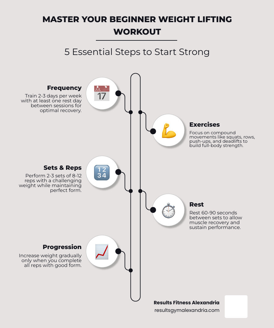 5-step infographic showing how to start a beginner weight lifting workout: frequency, exercises, sets, rest, progression