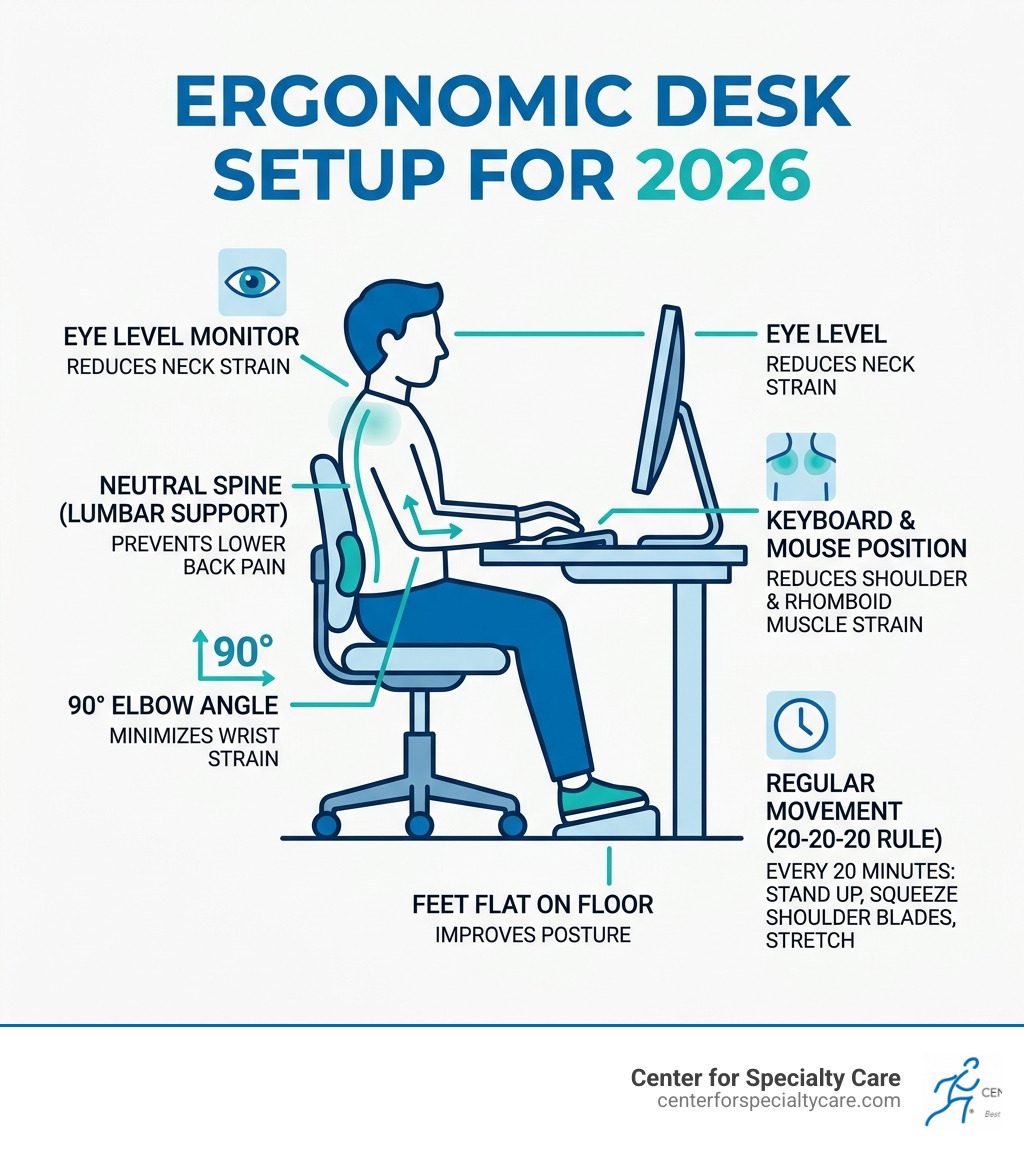 ergonomic desk setup for 2026 infographic - rhomboid muscle strain infographic 