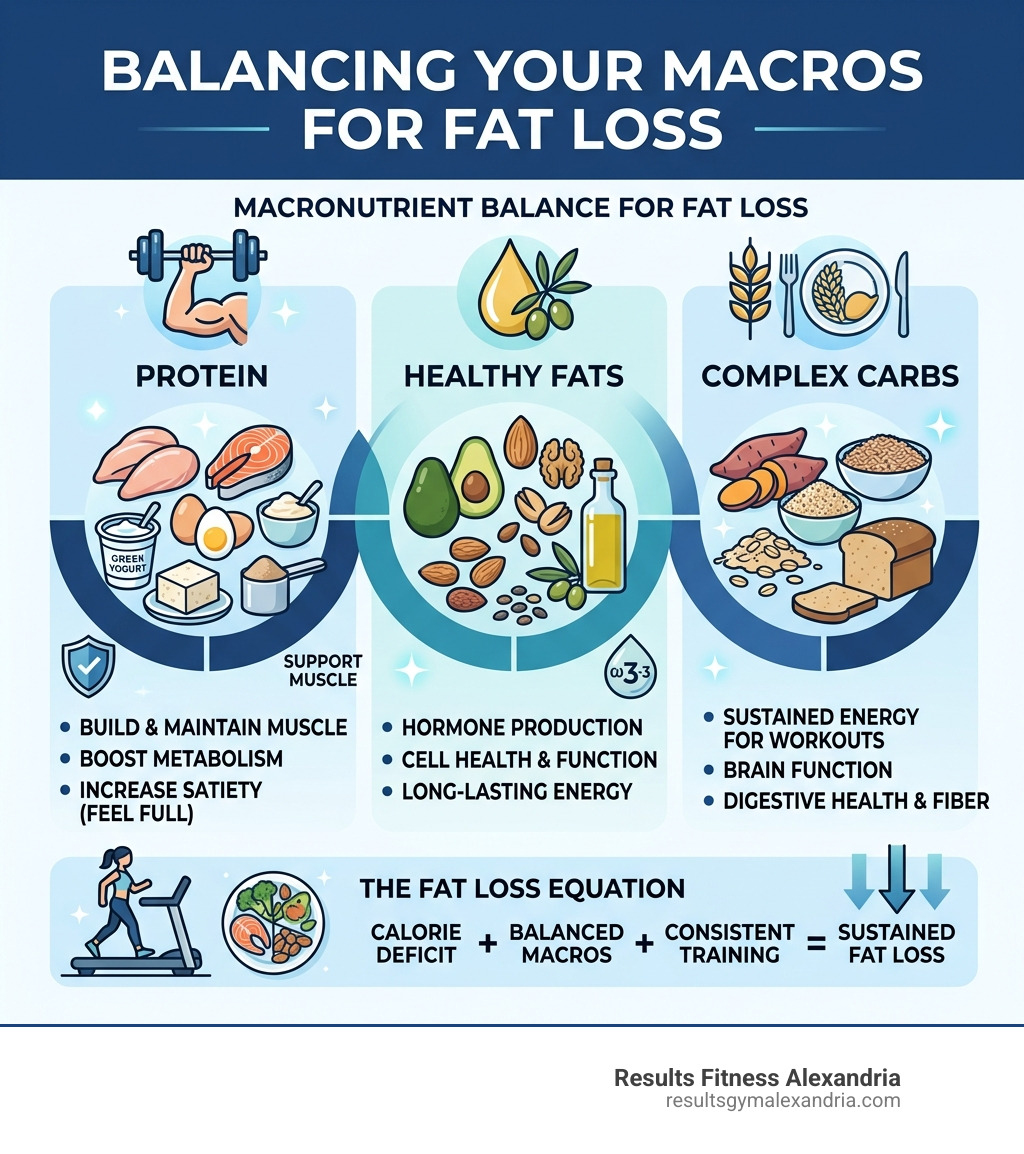 infographic showing the balance of protein, healthy fats, and complex carbs for fat loss - beginner gym workout infographic 