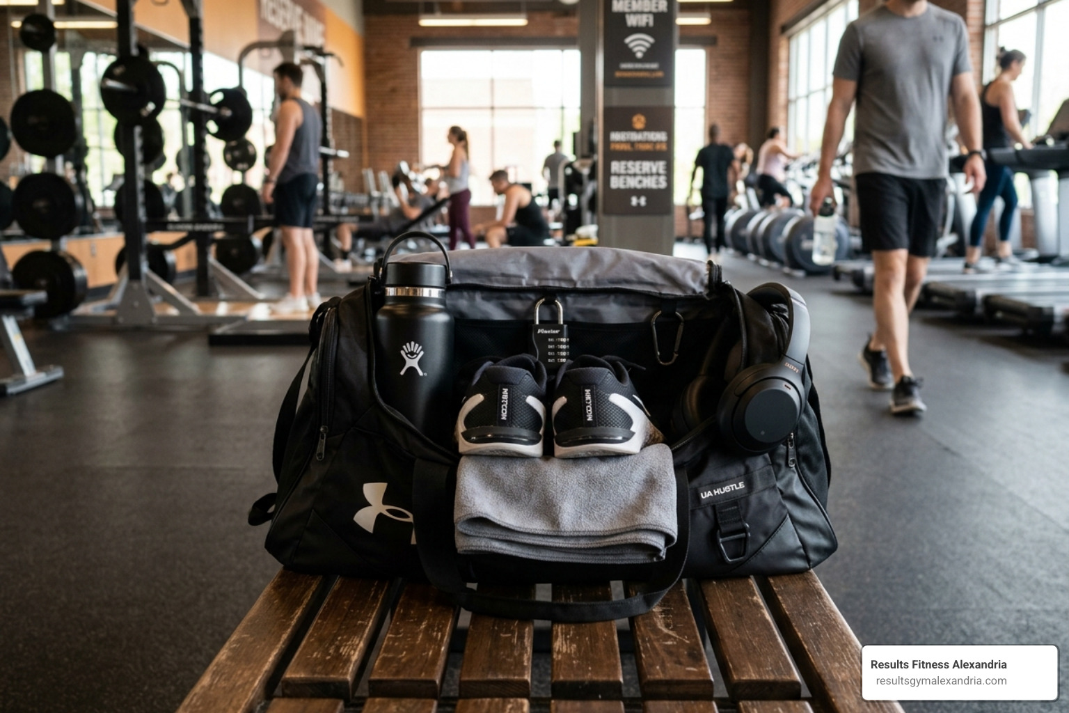 a neatly packed gym bag with water bottle, shoes, and a towel - beginner gym workout