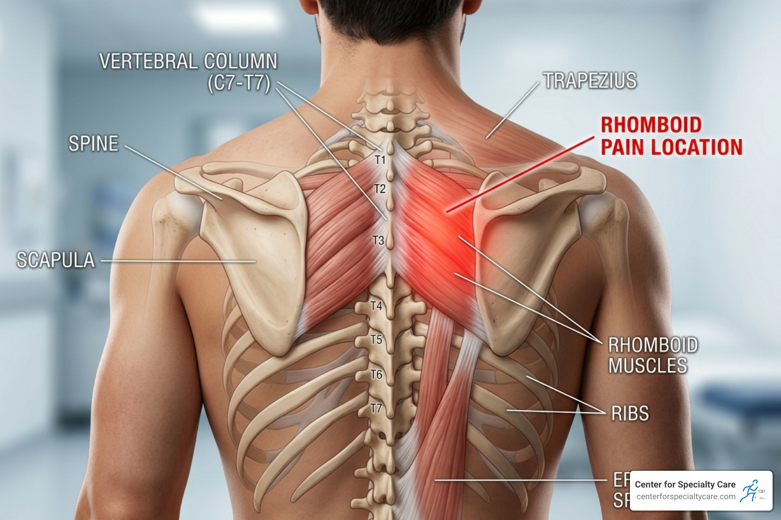 Location of rhomboid pain between the shoulder blades and spine - rhomboid pain