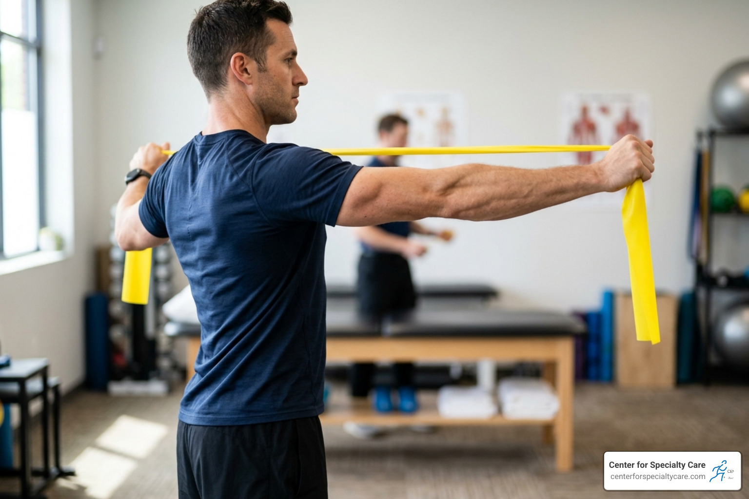 A patient performing a scapular retraction exercise with a resistance band - rhomboid pain