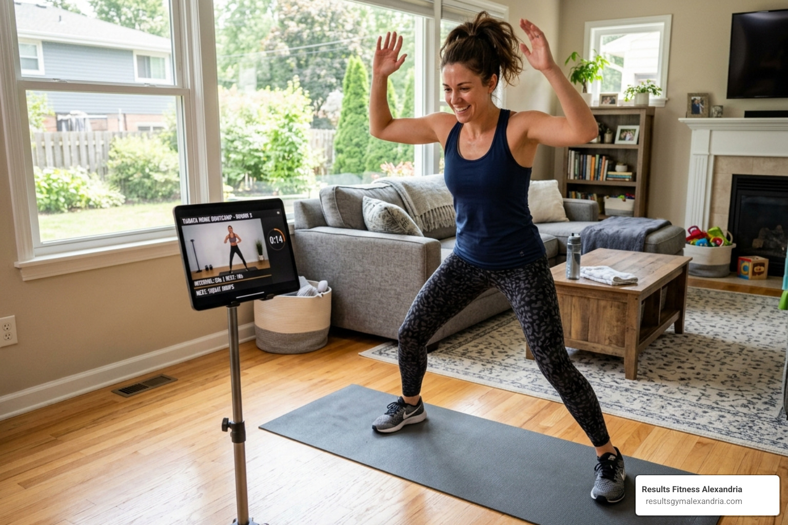 Woman following a bootcamp workout on a digital tablet at home - bootcamp for busy moms Woman following a bootcamp workout on a digital tablet at home - bootcamp for busy moms