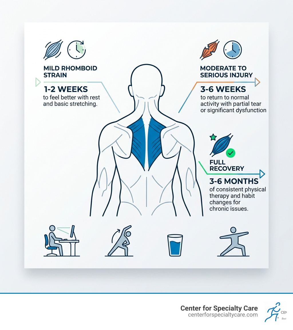 Infographic of recovery statistics for upper back pain - rhomboid pain infographic 