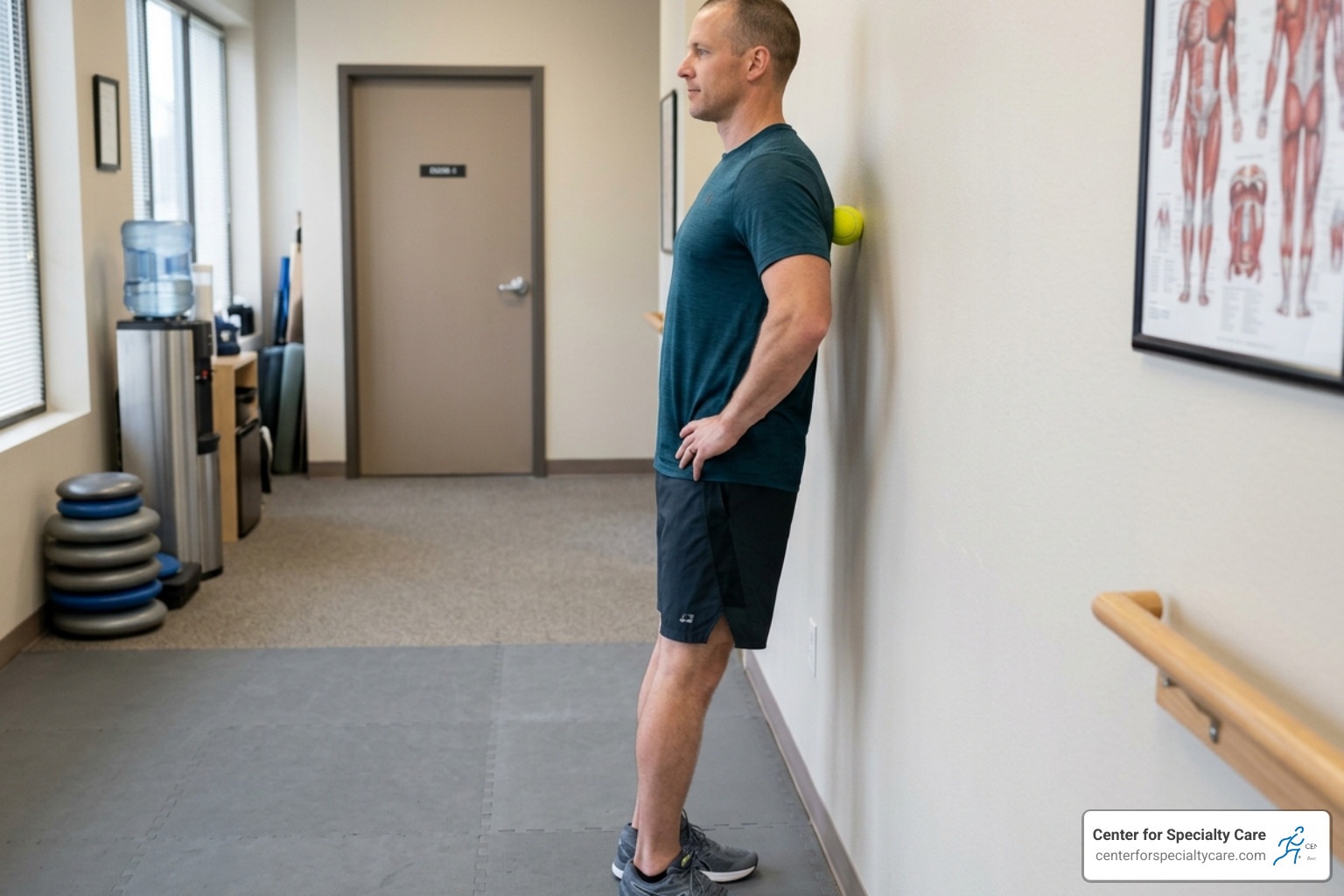 Patient demonstrating self-massage with a tennis ball against a wall - rhomboid pain