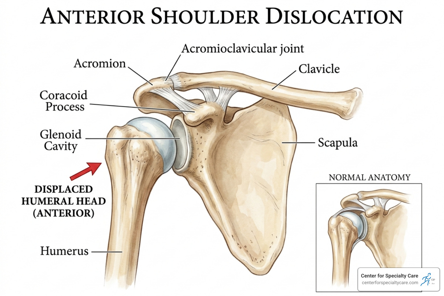 Anatomy of an anterior shoulder dislocation showing the humeral head displaced forward - shoulder joint anatomy Anatomy of an anterior shoulder dislocation showing the humeral head displaced forward - shoulder joint anatomy