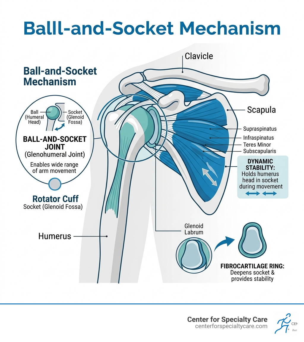 Diagram of shoulder joint ball-and-socket mechanism with labeled bones, rotator cuff, and labrum - shoulder joint anatomy Diagram of shoulder joint ball-and-socket mechanism with labeled bones, rotator cuff, and labrum - shoulder joint anatomy