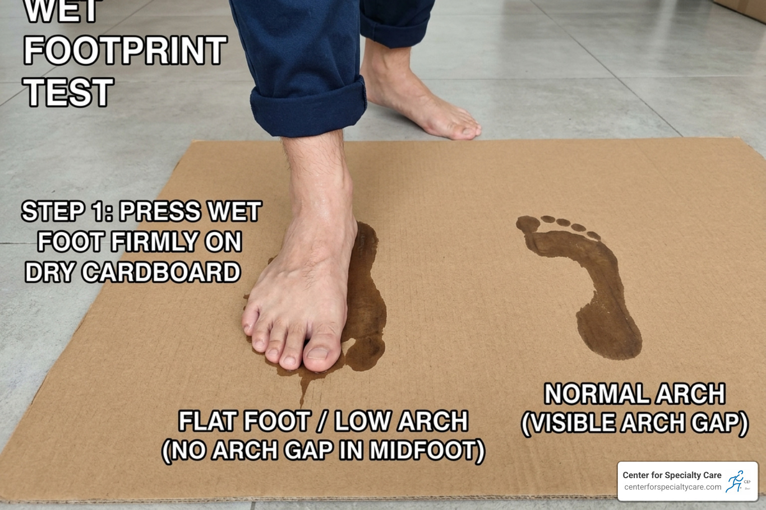 Diagram of the wet footprint test showing how to identify flat feet at home - flat foot arch support