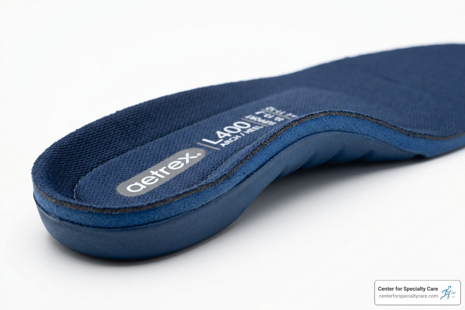 Close-up of an orthotic insole highlighting the deep heel cup and arch reinforcement - flat foot arch support