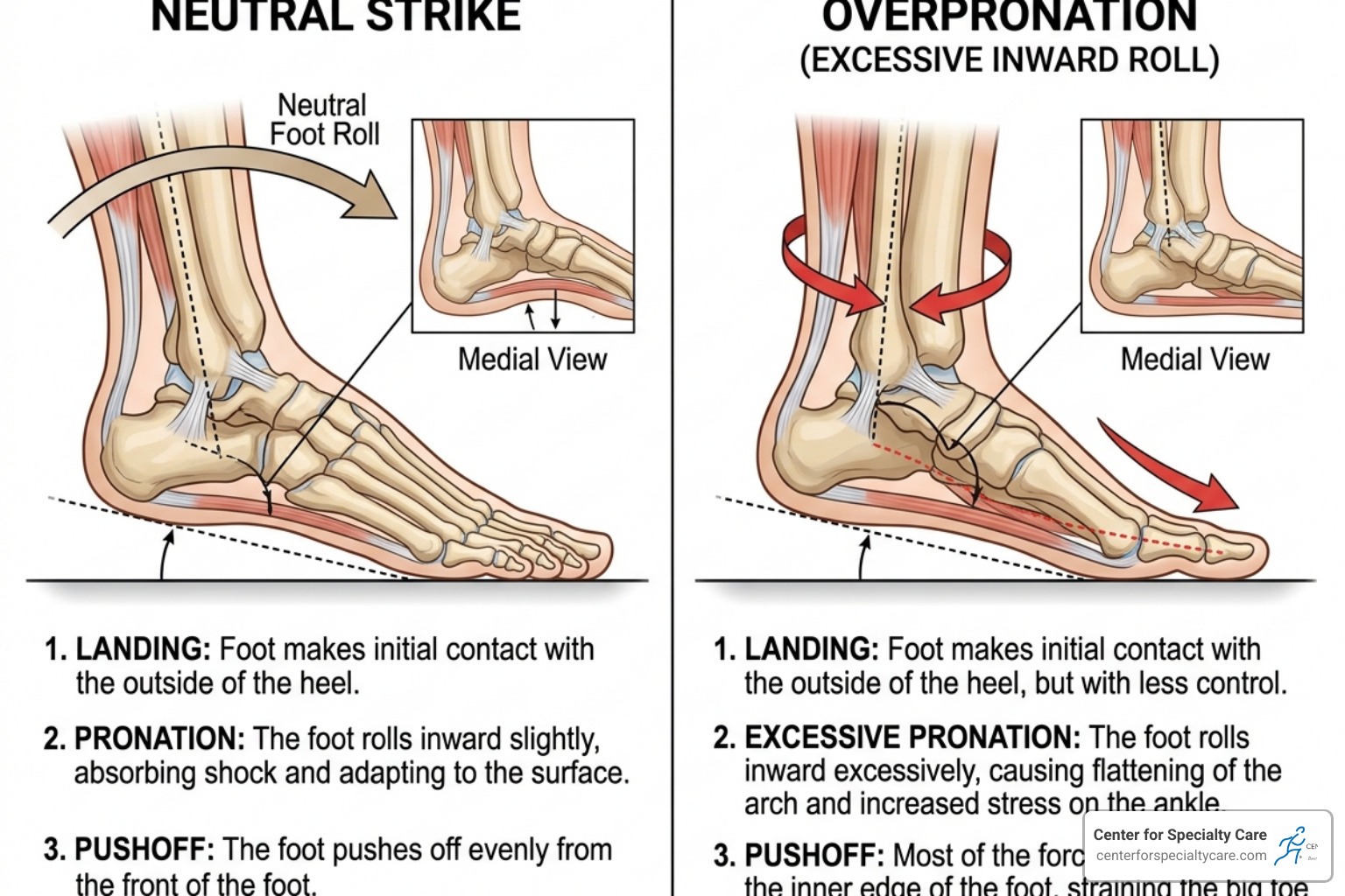 diagram of foot strike patterns showing overpronation vs neutral strike - the best trainers for flat feet