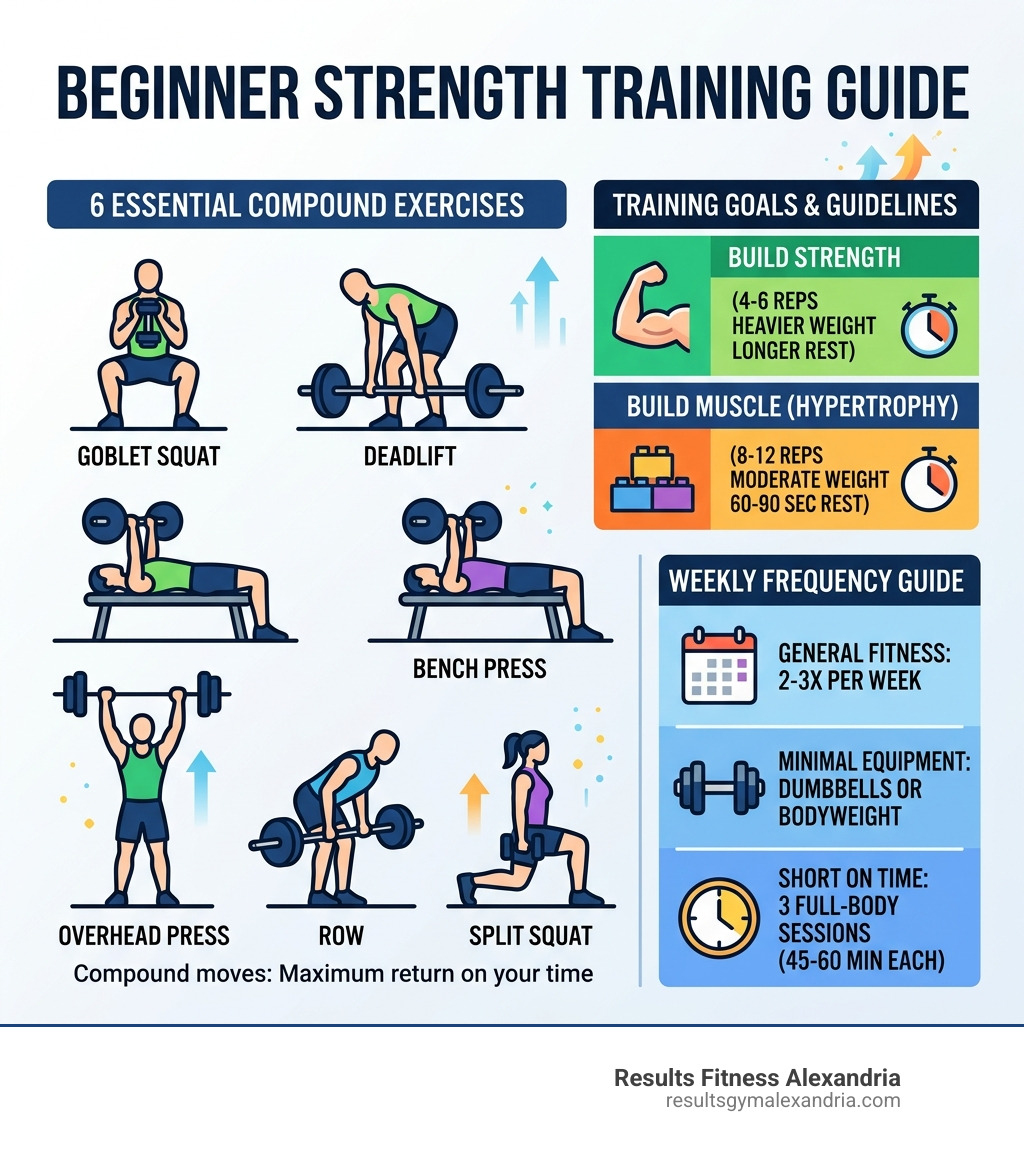 Infographic showing beginner strength training exercises, rep ranges, and weekly frequency guide - good strength training