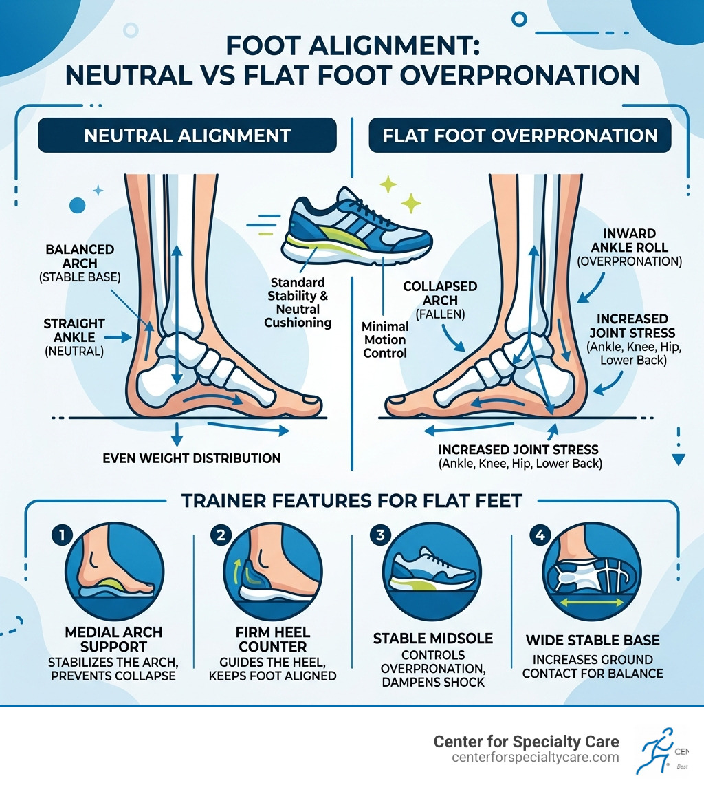 infographic comparing neutral foot alignment vs flat foot overpronation and key trainer features - the best trainers for