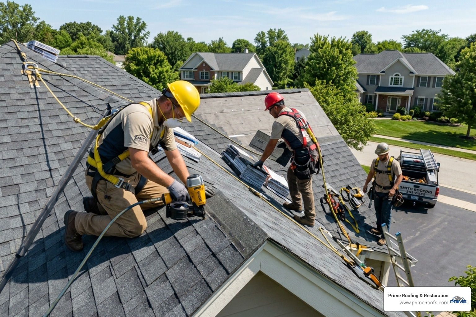 Roofing professionals using OSHA-compliant safety harnesses and equipment - Professional roof installation Roofing professionals using OSHA-compliant safety harnesses and equipment - Professional roof installation