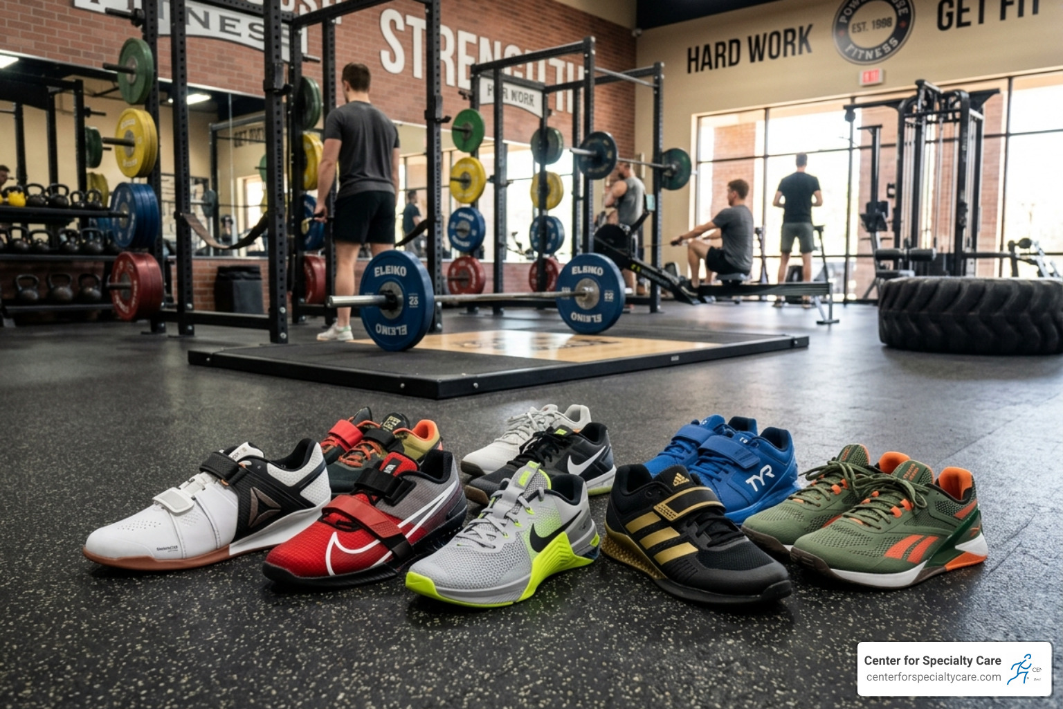 various cross-training shoes displayed in a gym setting - the best trainers for flat feet