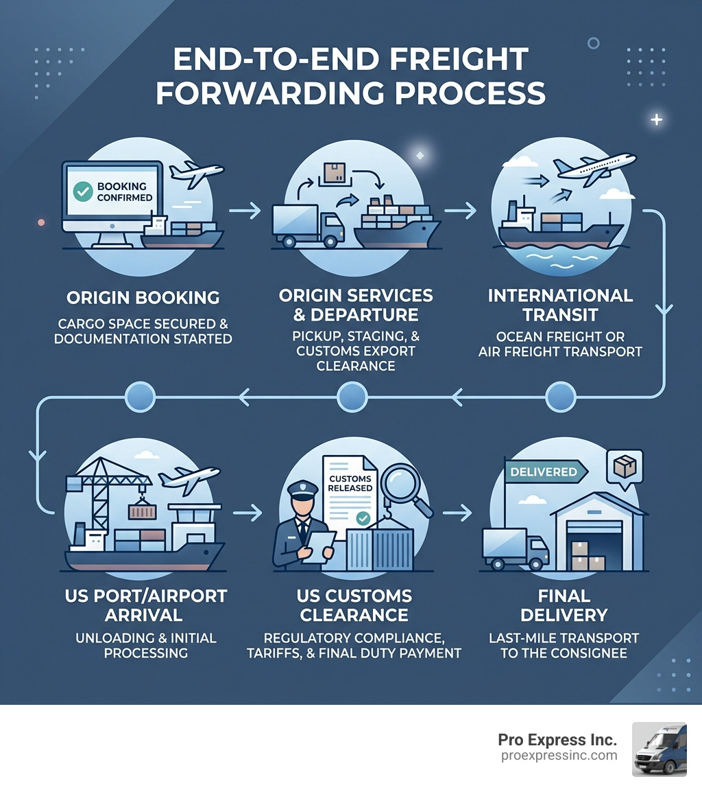 Infographic showing end-to-end freight forwarding process from origin booking to US customs clearance and final delivery