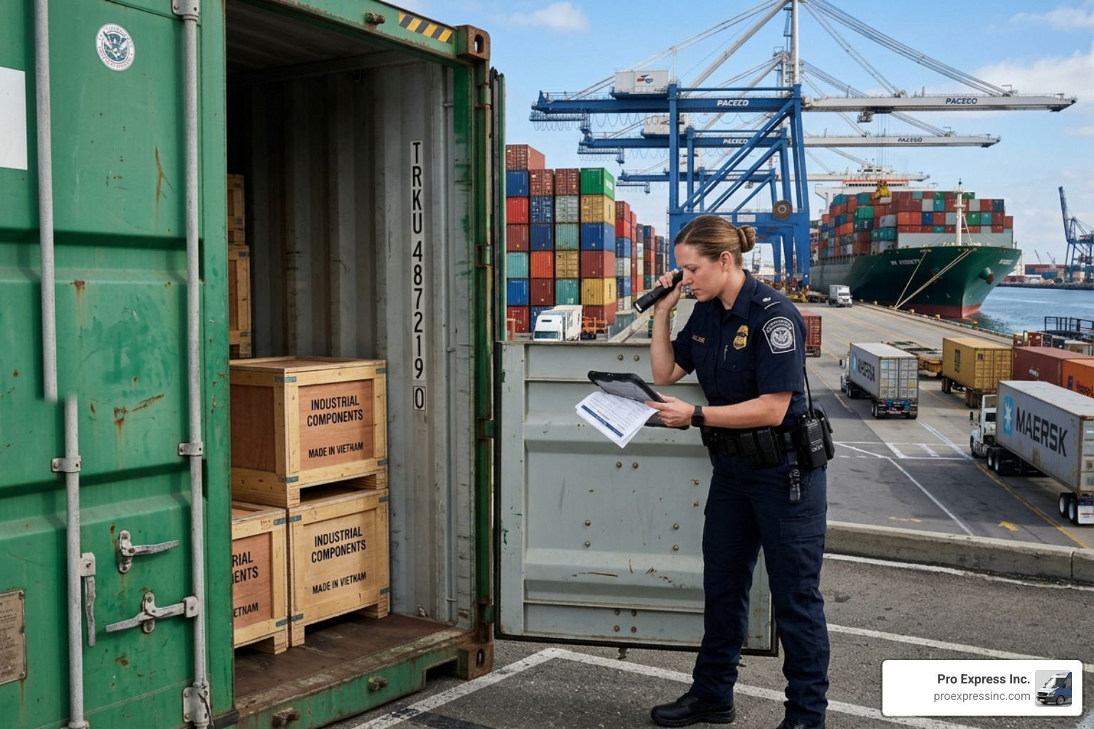 US customs officer inspecting a shipping container at a busy port - freight forwarders in usa
