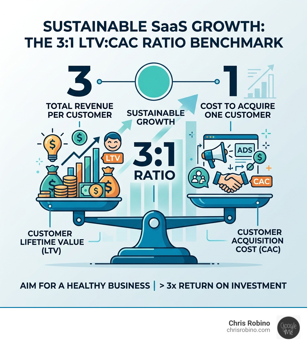 Infographic showing the 3:1 LTV:CAC ratio benchmark for sustainable SaaS growth - saas content marketing roi metrics
