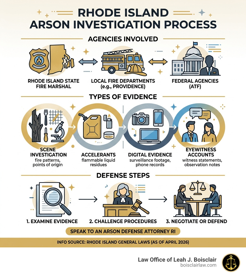 Rhode Island arson investigation process showing agencies, evidence types, and defense steps - arson defense attorney ri Rhode Island arson investigation process showing agencies, evidence types, and defense steps - arson defense attorney ri
