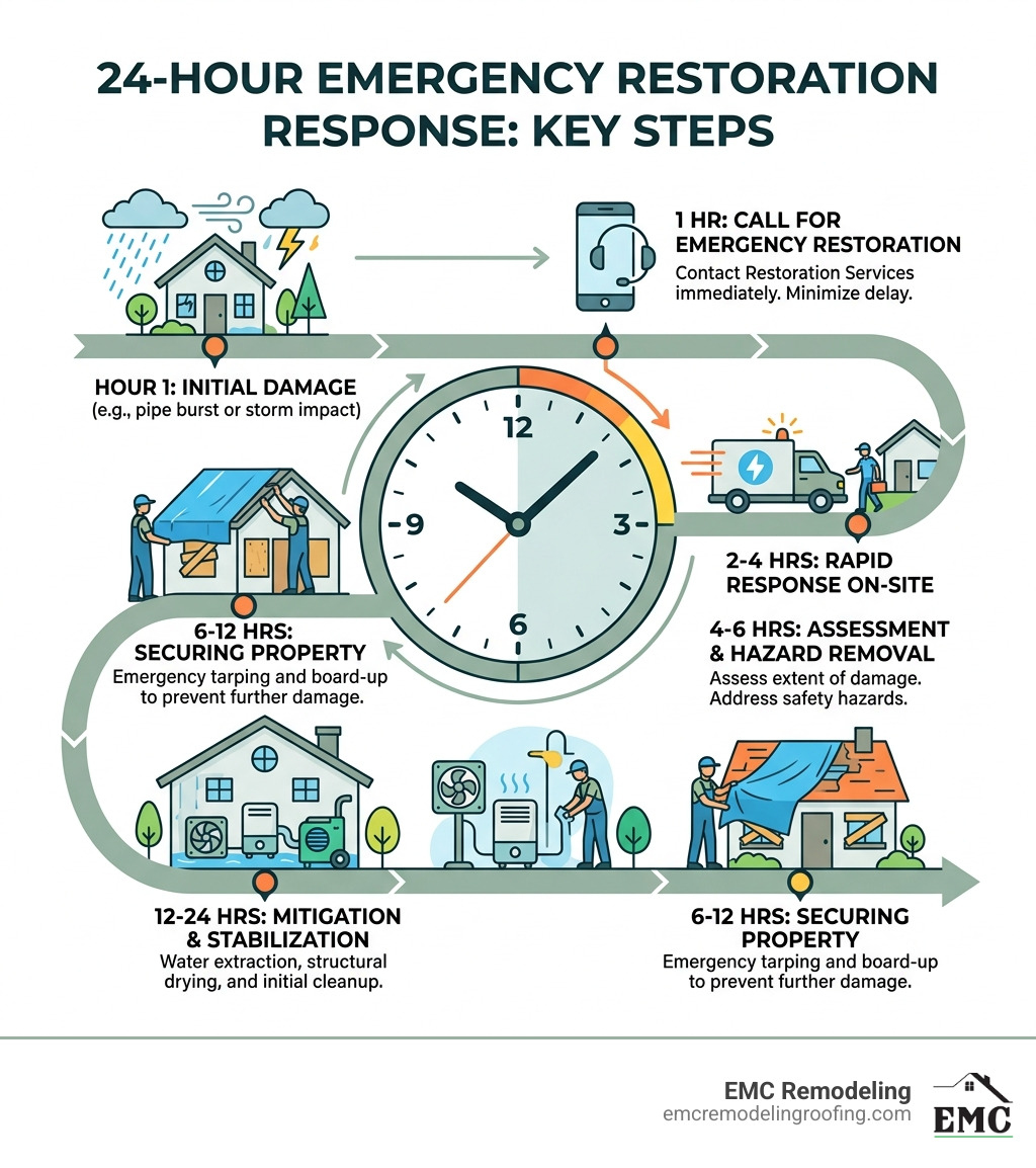 Infographic showing 24-hour emergency restoration response timeline with key steps from damage to mitigation - restoration