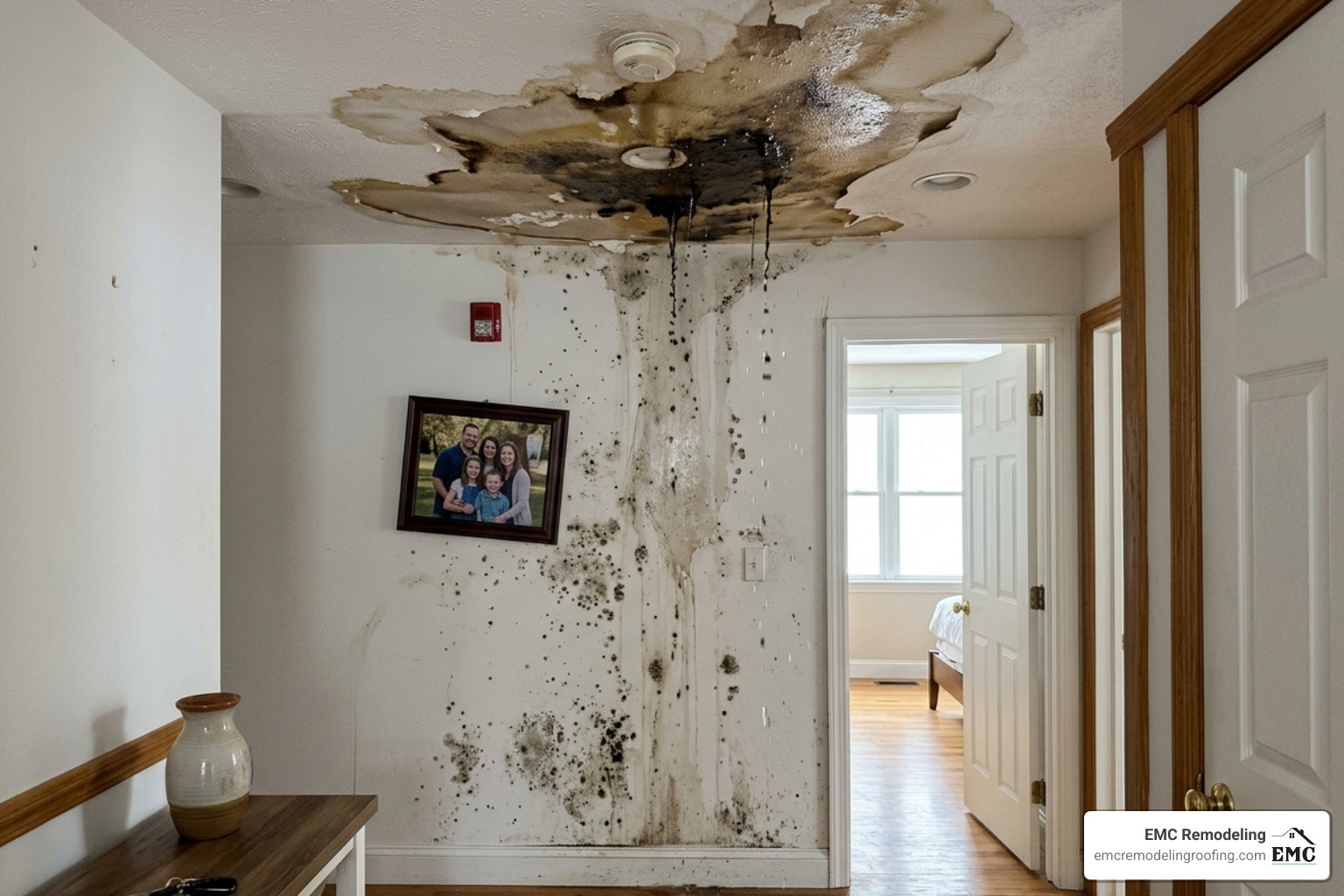 water damage spreading from a ceiling leak - restoration services near me