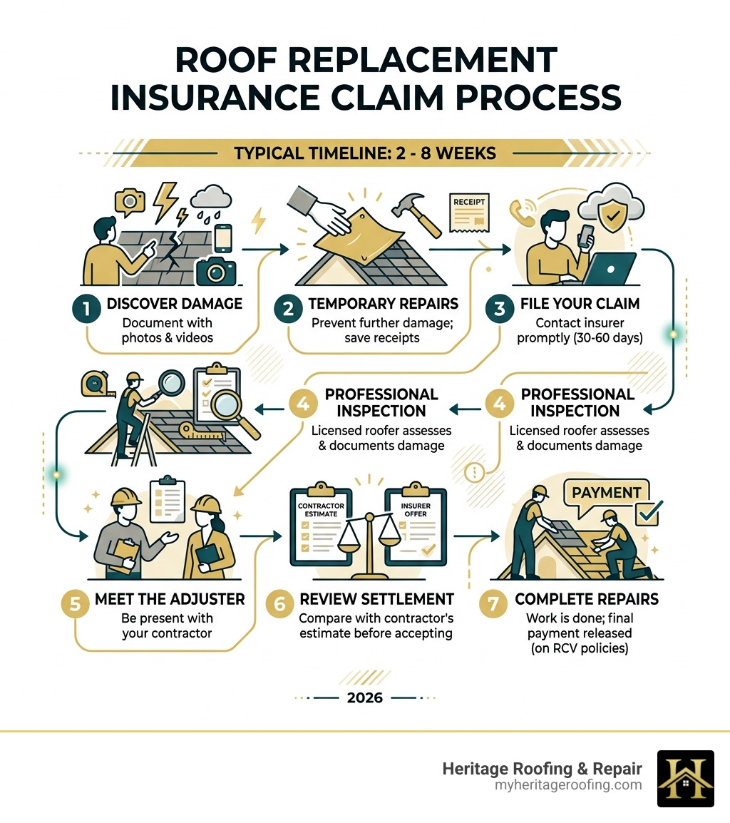 Infographic showing 7-step roof replacement insurance claim process and 2-8 week timeline - roof replacement insurance claim