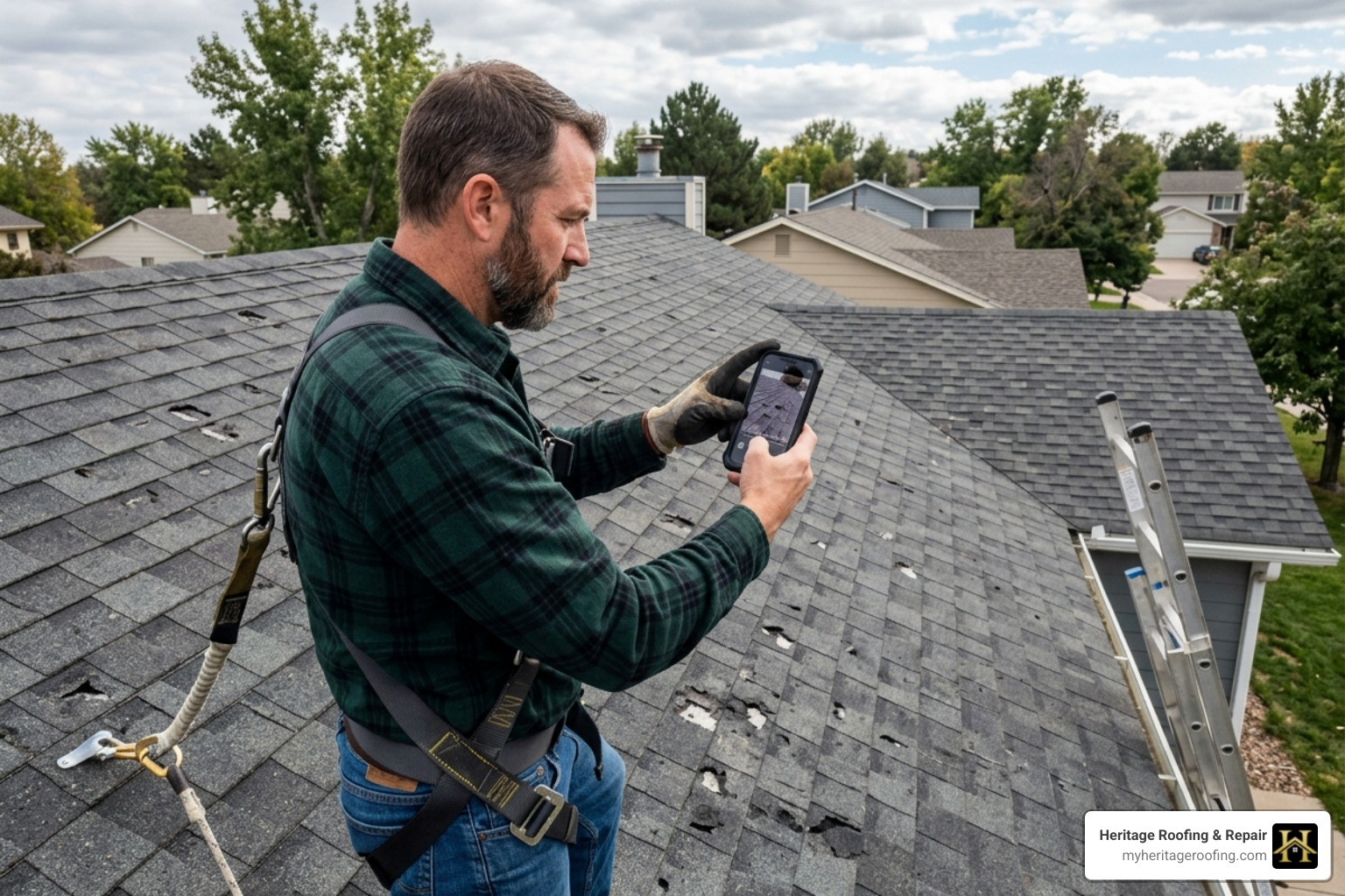 Homeowner taking date-stamped photos of hail damage on roof shingles - roof replacement insurance claim