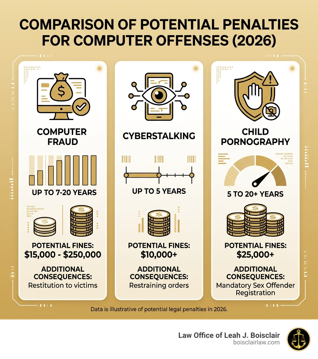 Comparison of potential prison time and fines for various computer offenses - computer crime defense attorney infographic 