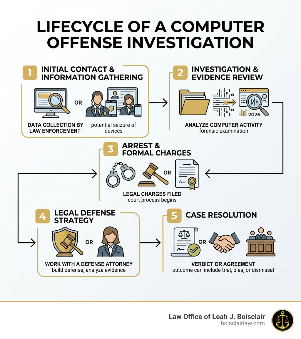 Lifecycle of a computer offense investigation from initial contact through arrest, charges, and resolution - computer crime