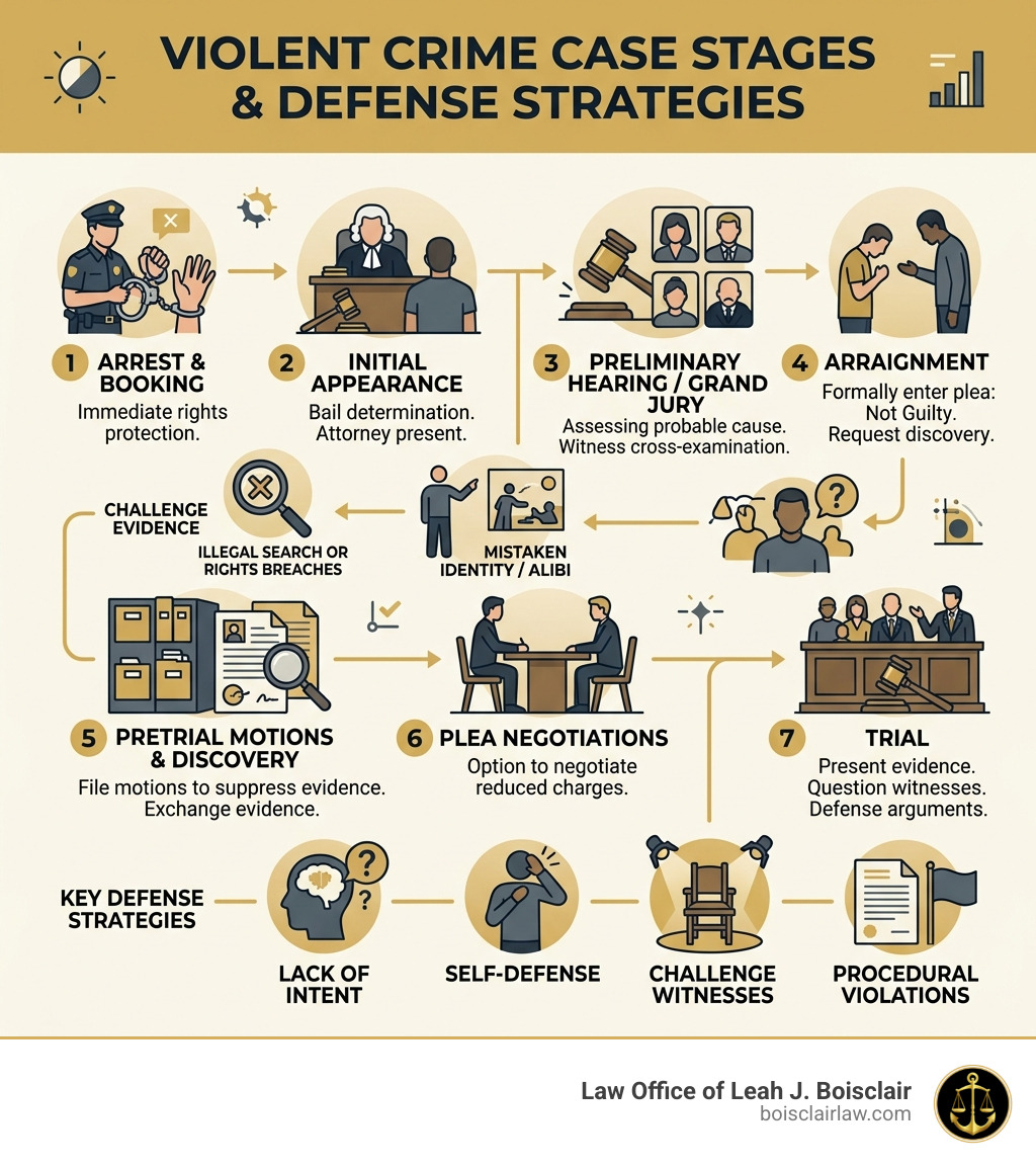 Infographic: stages of a violent crime case from arrest to trial with key defense strategies - violent crime defense