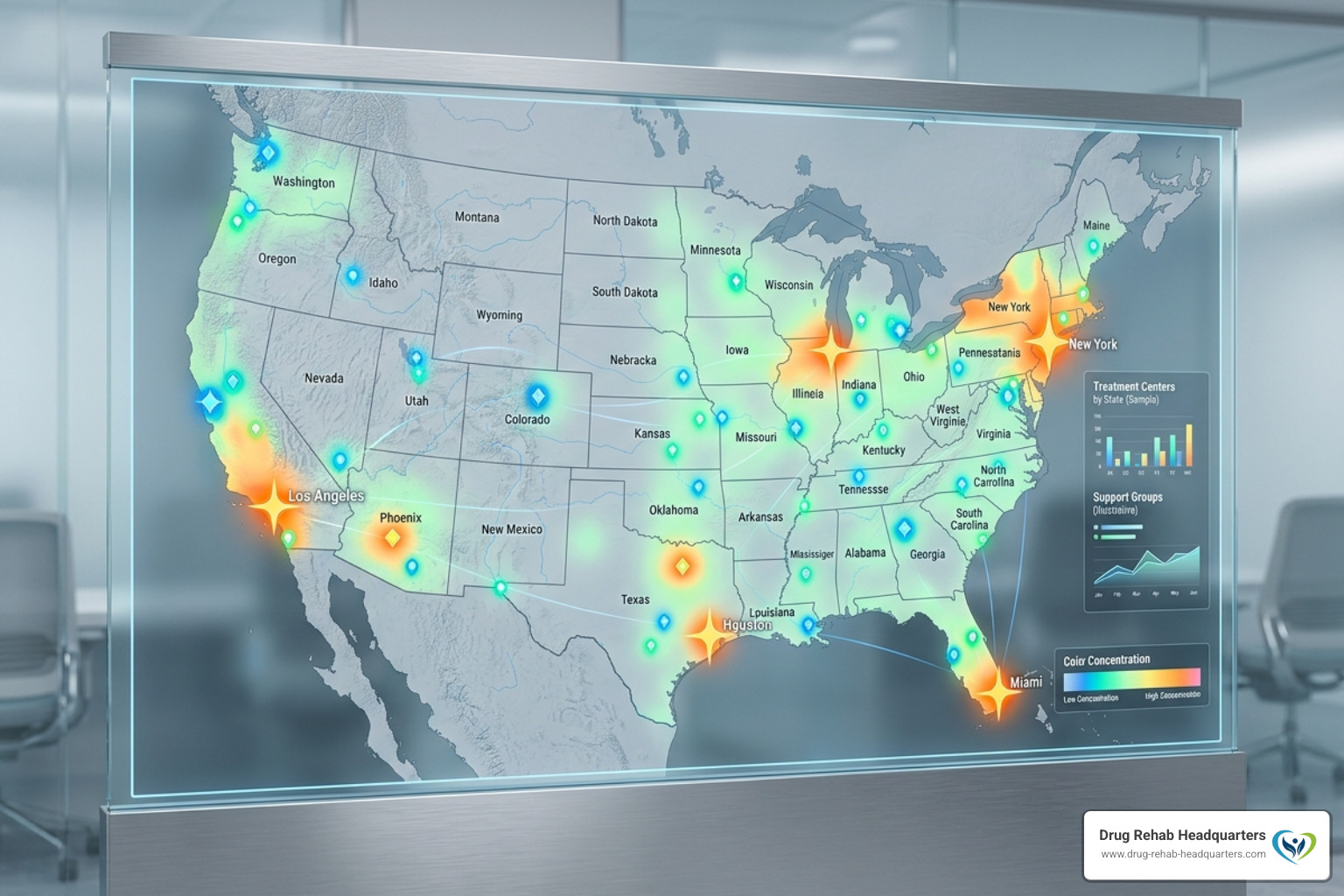 Map of the US highlighting areas with high concentrations of recovery resources - immediate addiction help hotline