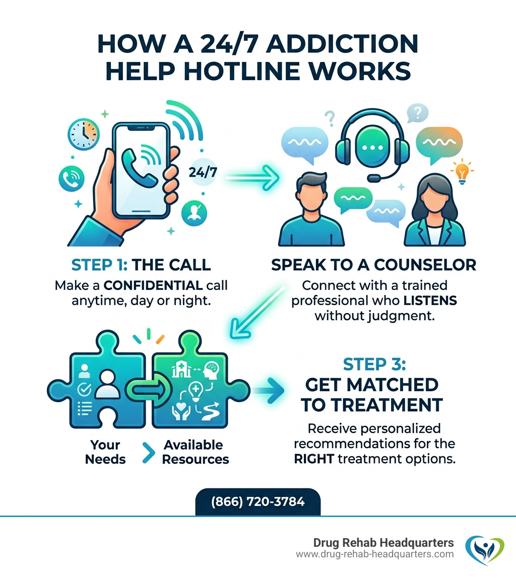 Infographic showing how a 24/7 addiction help hotline works: call, speak to a counselor, get matched to treatment