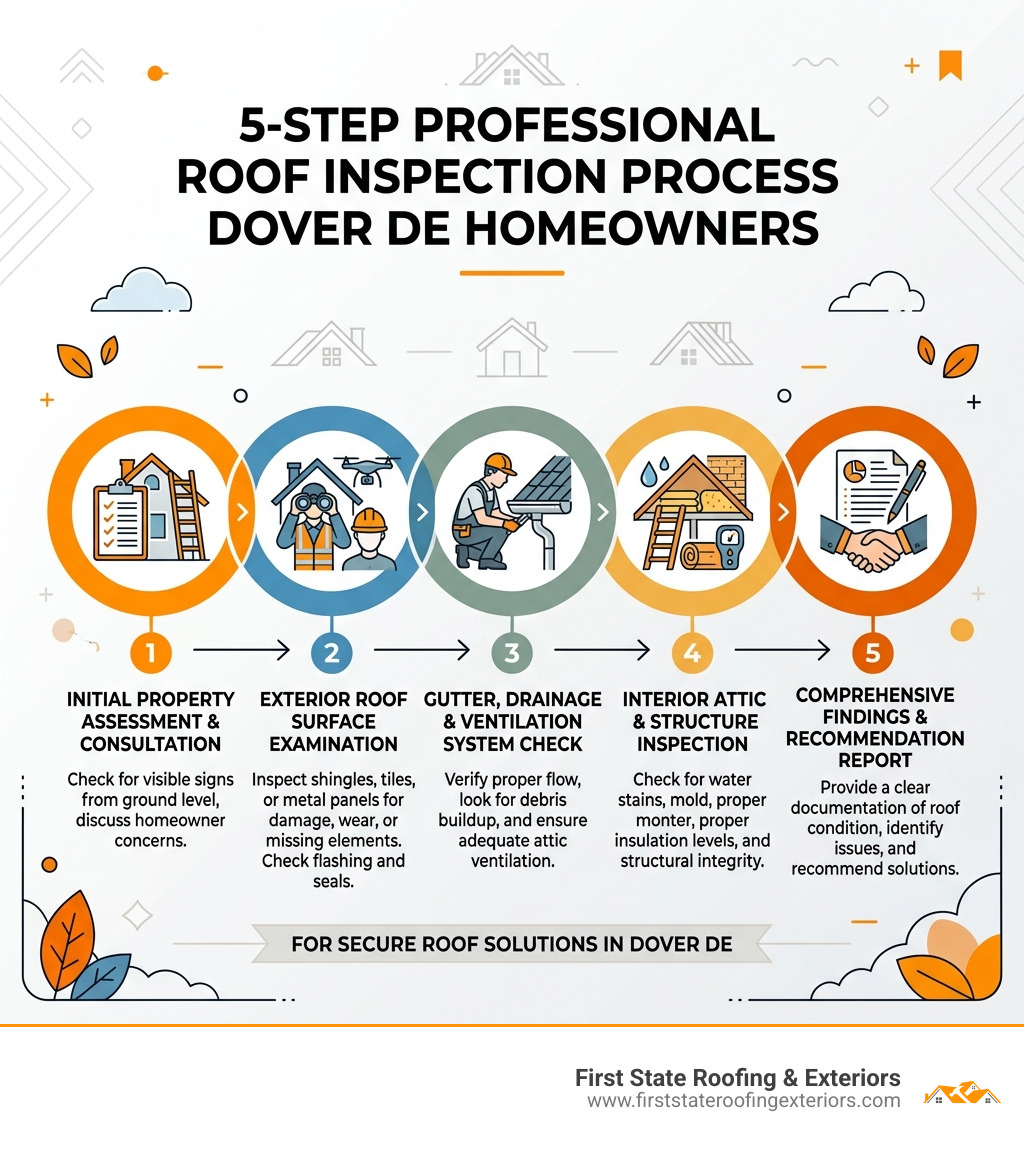 5-step professional roof inspection process infographic for Dover DE homeowners - best roofing Dover DE infographic 