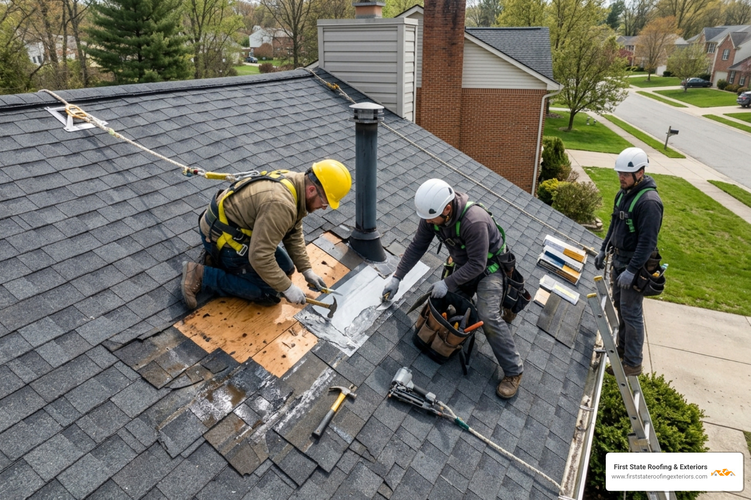 Roofing crew performing an emergency leak repair with proper safety harnesses - best roofing Dover DE