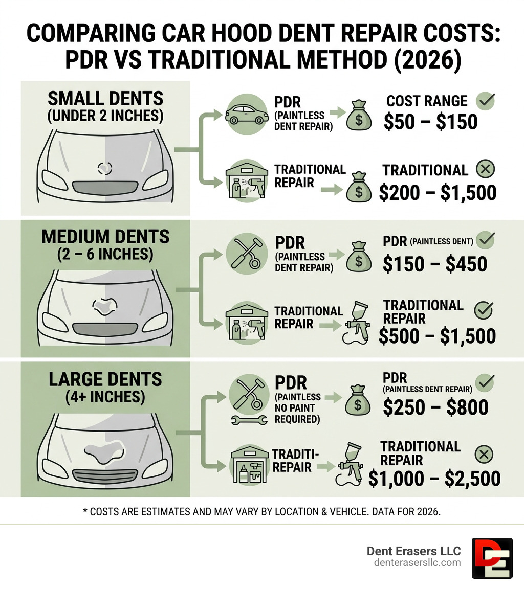 Infographic comparing PDR vs traditional hood dent repair costs by dent size - car hood dent repair cost infographic Infographic Comparing Pdr Vs Traditional Hood Dent Repair Costs By Dent Size - Car Hood Dent Repair Cost Infographic
