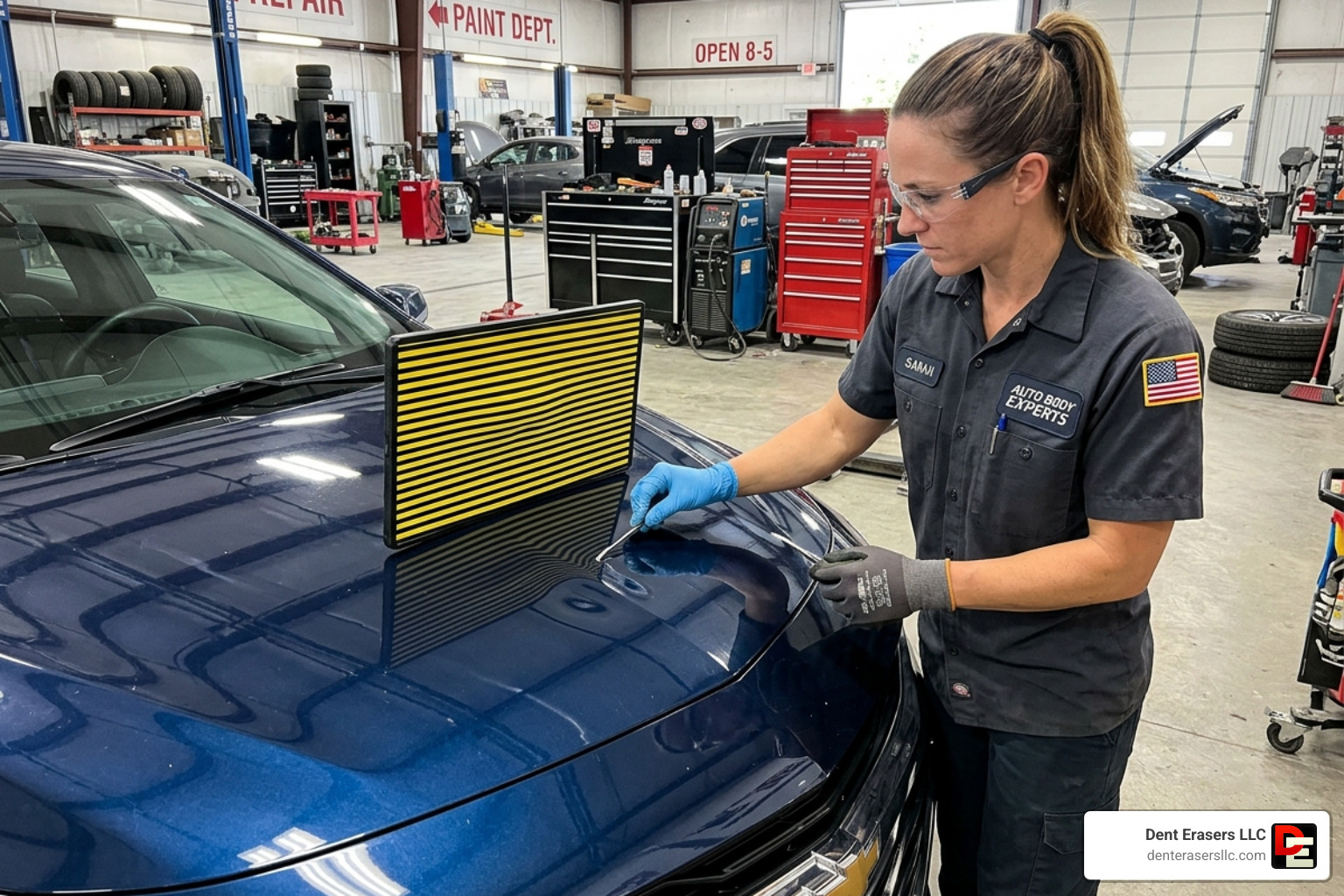 technician measuring a hood dent with a line board - car hood dent repair cost Technician Measuring A Hood Dent With A Line Board - Car Hood Dent Repair Cost