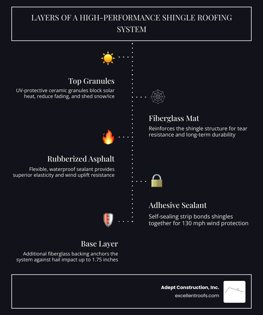 Infographic showing layers of a high-performance shingle roofing system for Naperville homes - roof shingles naperville