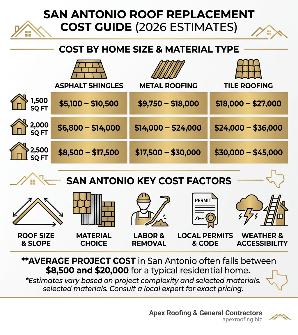 San Antonio roof replacement cost breakdown infographic with price ranges by home size and material type - cost to replace