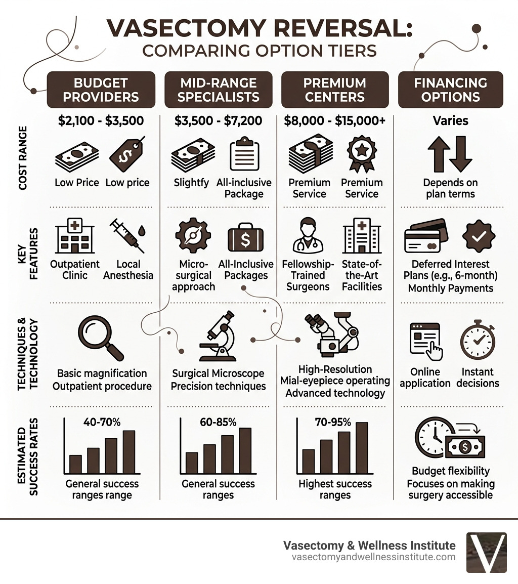 Infographic comparing vasectomy reversal cost tiers, techniques, and success rates - vasectomy reversal affordable Infographic comparing vasectomy reversal cost tiers, techniques, and success rates - vasectomy reversal affordable