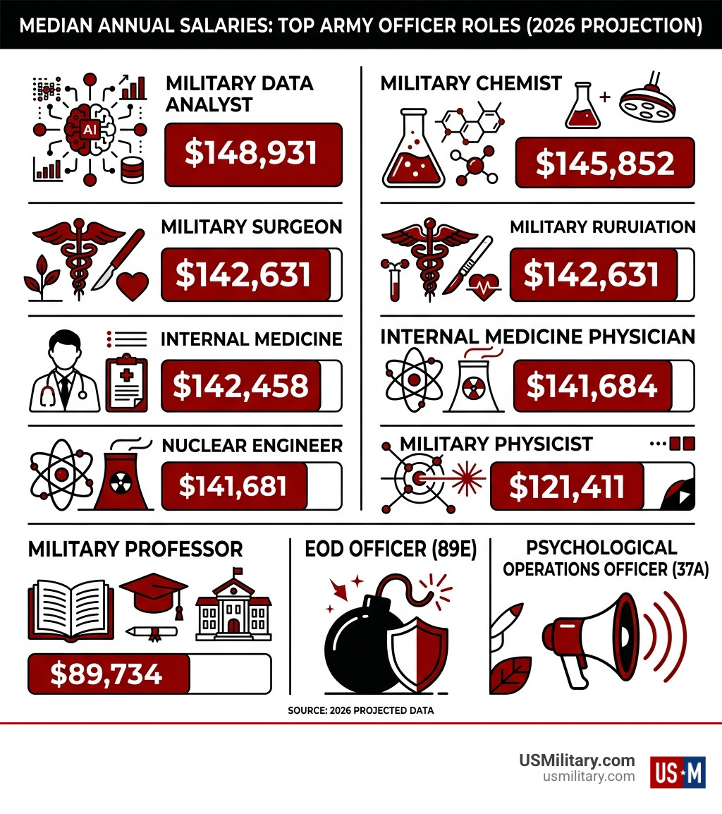 Infographic showing median annual salaries for top Army officer roles in 2026 - 20 top paying Army jtraining jobs in 2026