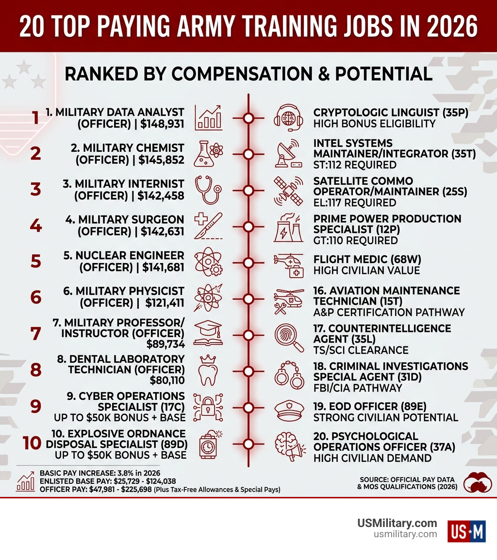 Infographic showing 2026 Army top paying training jobs with median salaries and MOS codes - 20 top paying Army jtraining