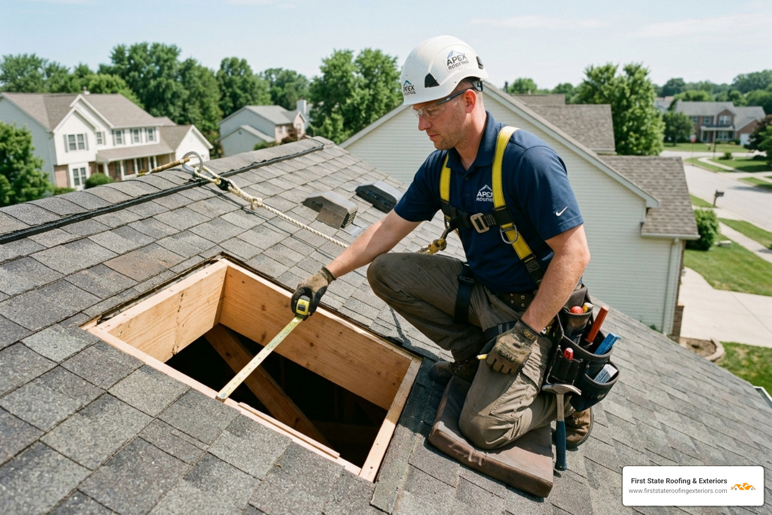 A professional roofer wearing a safety harness measuring a skylight opening on a pitched roof - average cost of skylight