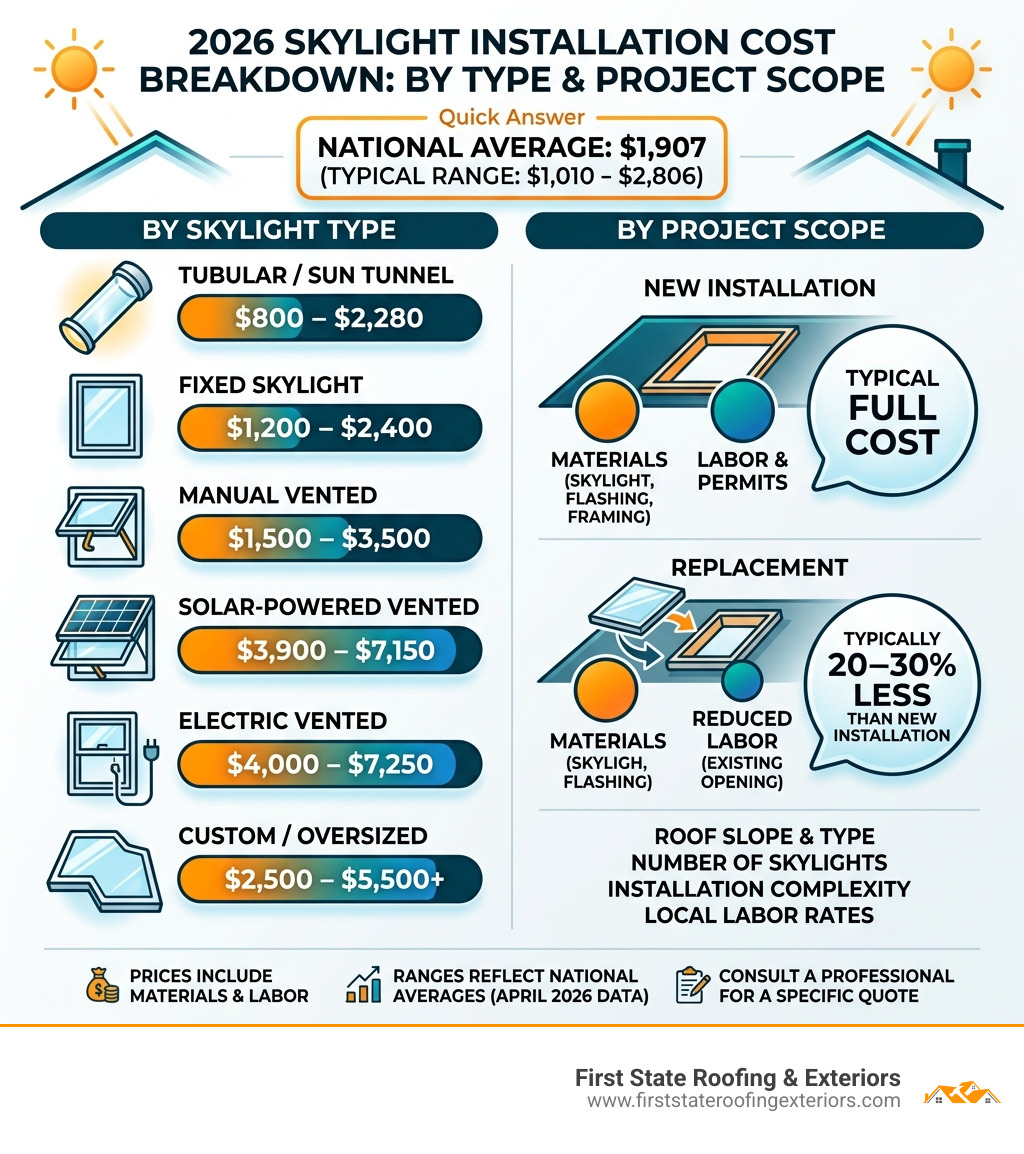 2026 skylight installation cost breakdown by type and project scope infographic - average cost of skylight installation