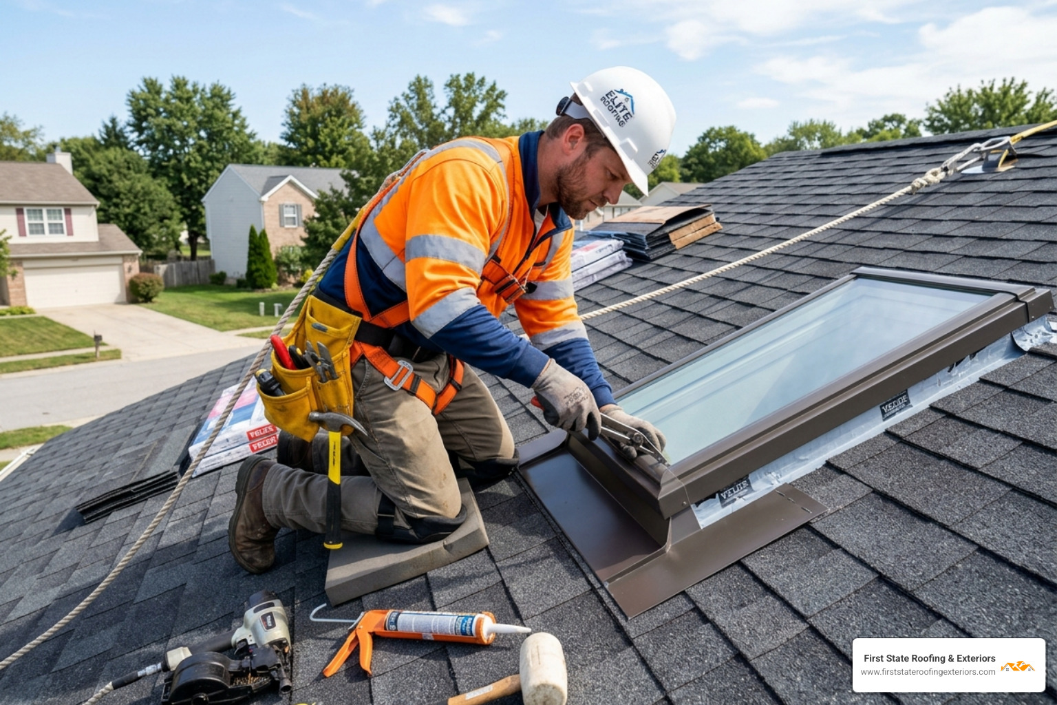 A professional roofer in a safety harness carefully installing metal flashing around a new skylight unit - average cost of