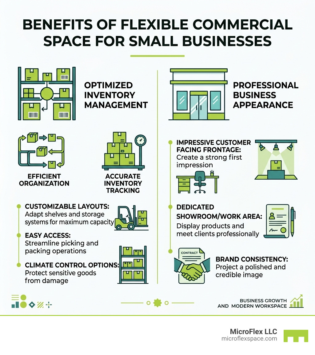 Infographic: Benefits of flexible commercial space for small businesses including inventory management and professional