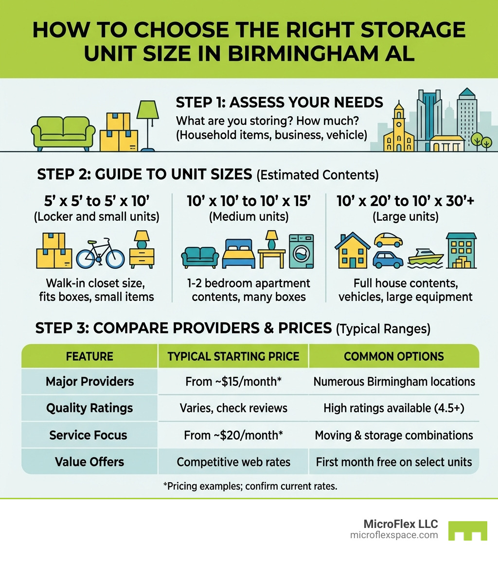 Infographic: How to choose the right storage unit size in Birmingham AL with key providers and price ranges - storage units