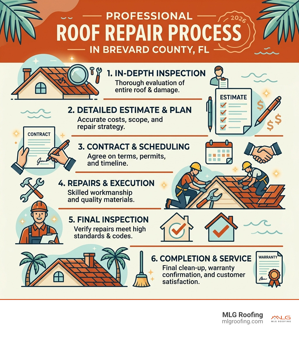 Steps in the professional roof repair process in Brevard County FL infographic - home roof repair near me infographic 