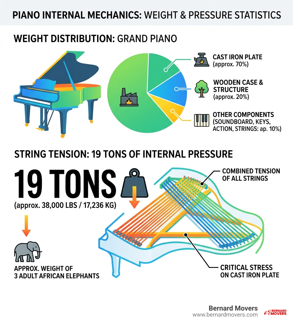 Statistics on piano weight distribution and the 19 tons of internal string pressure - lift a piano infographic 