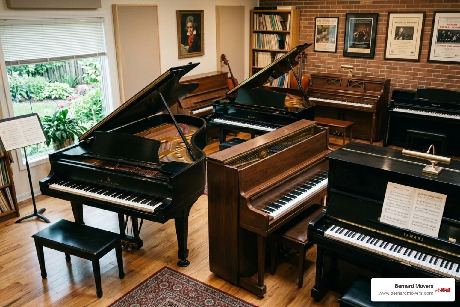 A variety of piano types including uprights and grands - lift a piano