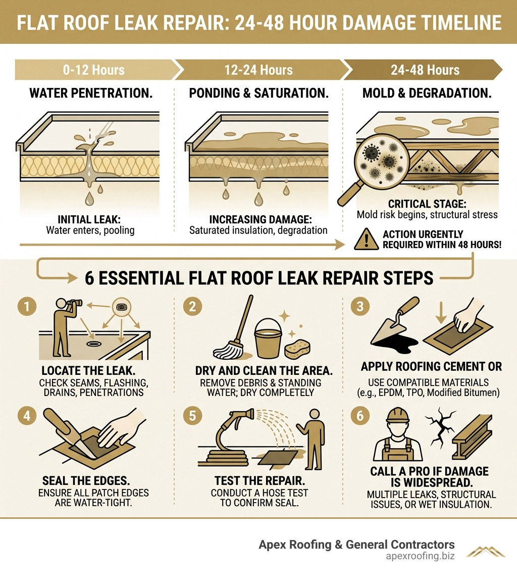 Flat roof leak repair 24-48 hour damage timeline infographic with repair steps - flat roof leaking repair infographic 